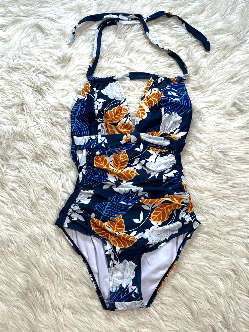 Tropical Print Deep V and Ruched Front Full Coverage One Piece Suit